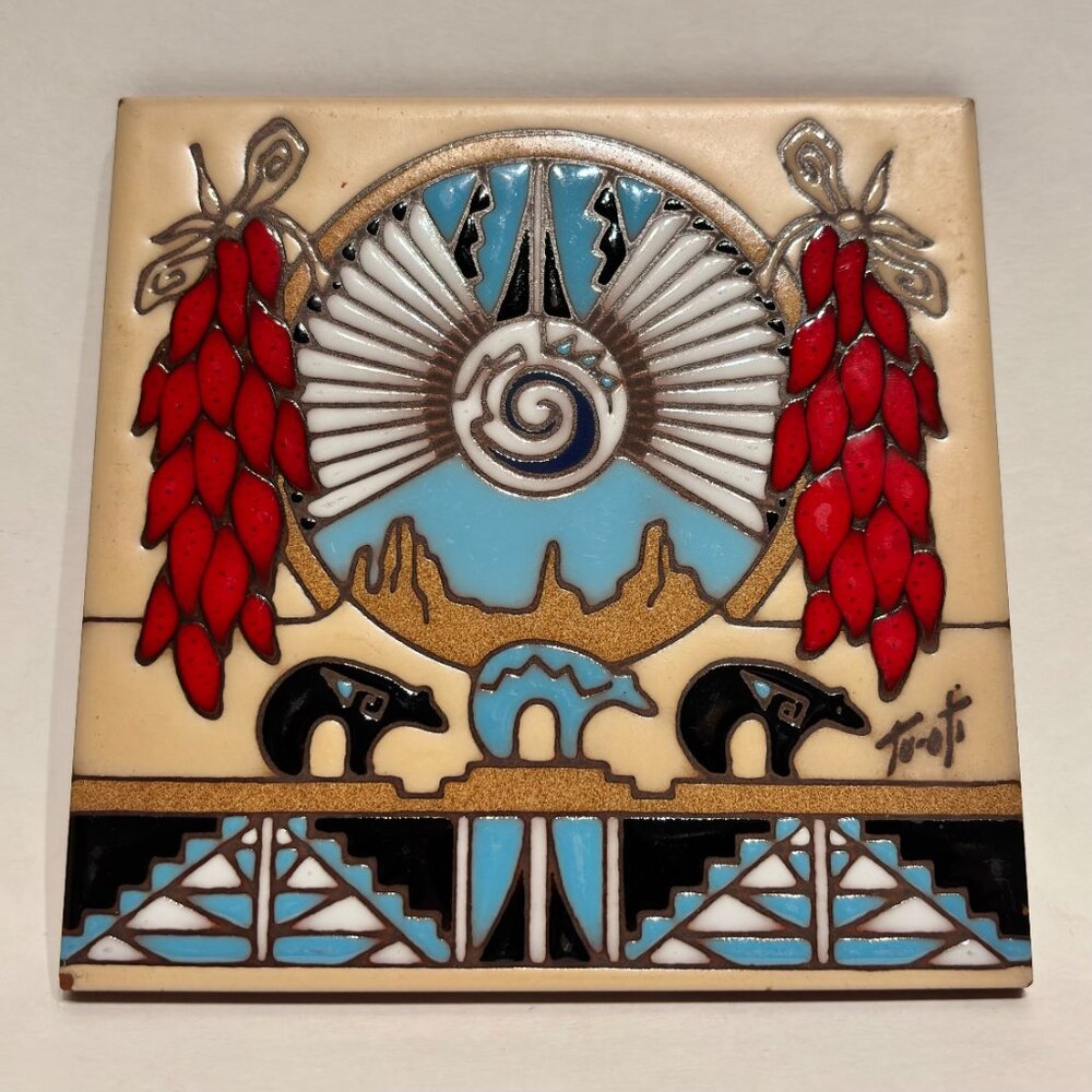 Hand Glazed Earthtones Southwestern Kiln Fired Terracotta Tile Trivet Tu-Oti 6" - Picture 6 of 14